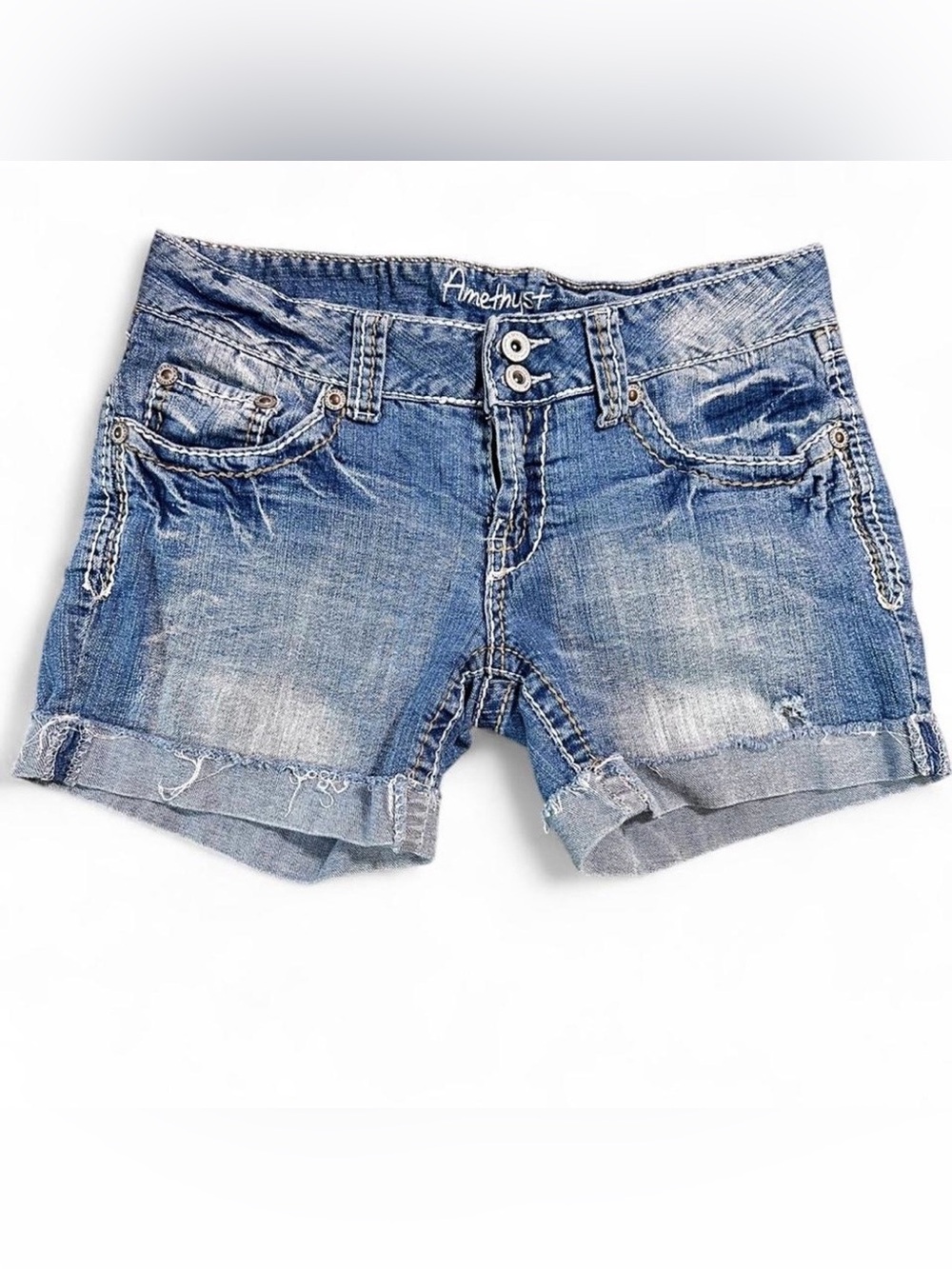 Y2K 2000s Low Rise Amethyst Denim Jean Shorts Light Blue Distressed